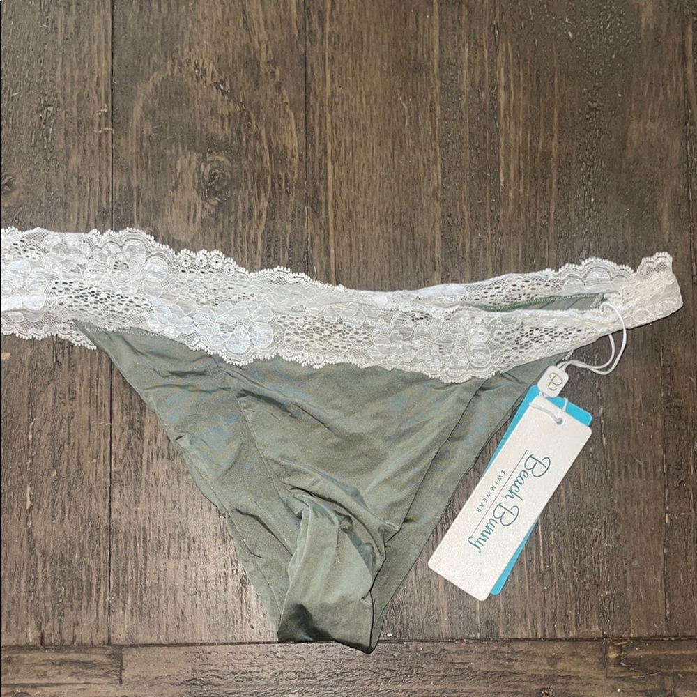 Beach Bunny Olive Green Bikini Bottom with White Lace Trim NWT